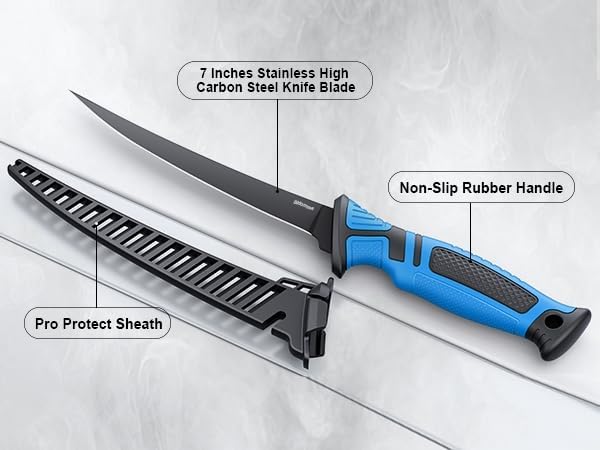 Fillet Knife and Bait Knife Set Performance 5"-6"-7" G4116 German Flex Razor Sharp Stainless-Steel Blade with Sheath for Filleting and Boning, Pro Fishing Gear and Equipment Tools, Cool Fishing Gift for Men (Black-Blue)