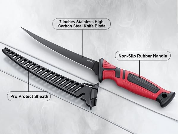 Fillet Knife and Bait Knife Set Performance 5"-6"-7" G4116 German Flex Razor Sharp Stainless-Steel Blade with Sheath for Filleting and Boning, Pro Fishing Gear and Equipment Tools, Cool Fishing Gift for Men (Black-Red)
