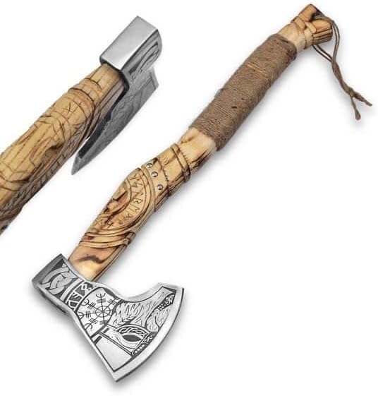 19” Hand Forged Viking Axe- Rose Wood Shaft Engraved Carbon Steel Bearded Axe for Camping- Viking Gift for Men(Norse Viking Axe)