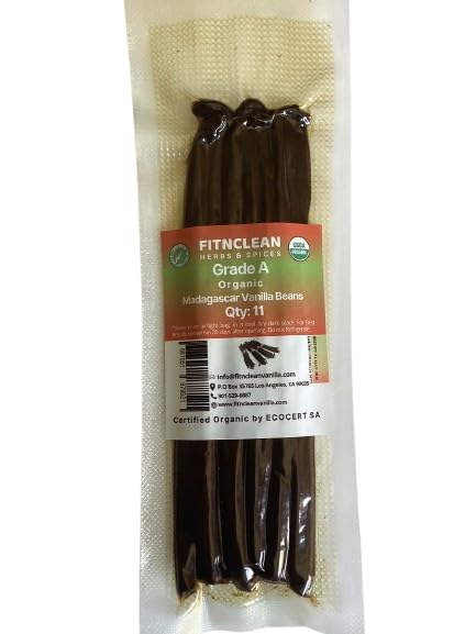 11 Madagascar Organic Vanilla Beans Grade A. Certified USDA Organic. ~6" by FITNCLEAN VANILLA for Cooking, Extract and Baking. Bourbon Fresh Gourmet NON-GMO Whole Pods
