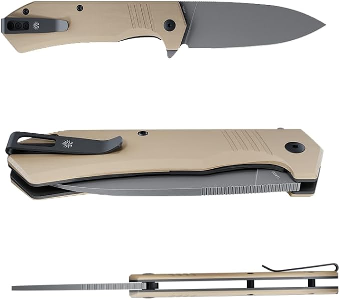 Off-Grid Knives - STINGER XL Folding Knife, 154CM Steel, Full Flat Grind, G10 Scales, Ceramic Bearings, Drop-Shut Action, Deep Pocket Clip, Left or Right Hand Carry, Camping & Tactical Use (Coyote)