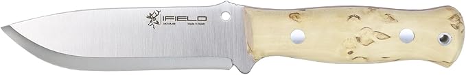 iFIELD Bushcraft Hunting Knife Workout EL29124-4.75" MOVA Full Tang Satin Blade, Curly Birch Handle, Brown Leather Sheath, Made in Spain, Outdoor Camping & Survival Tool