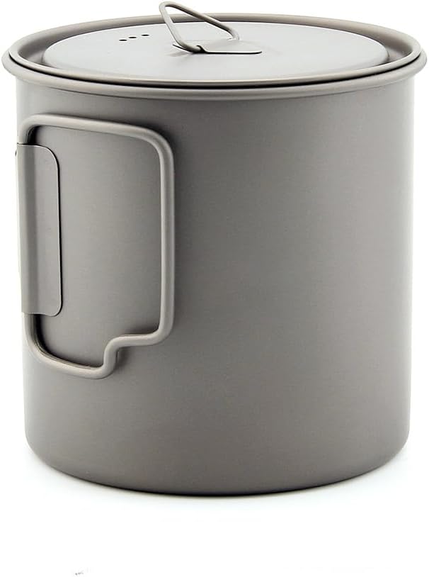 Titanium Camping Mug 750 ml / 25 oz Single-Wall Pot with Lid, Ultralight Backpacking Cup, Folding Handles, Boil Water & Cook Meals for Hiking, Bushcraft, Outdoor Survival