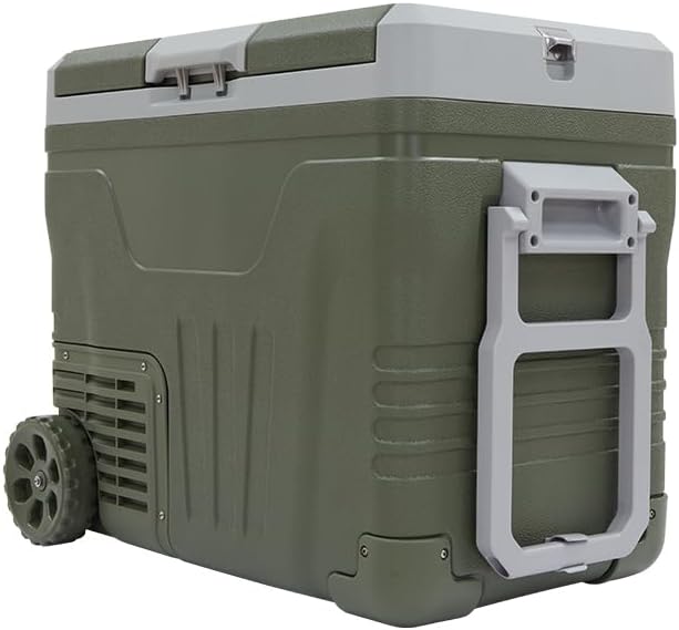 Portable 12V Refrigerator,48QT (45L) Electric Cooler with 12/24V DC and 110-240V AC,-4℉~68℉,Dual Zone Car Refrigerator with Off-Road Wheels,LED Lights and Bottle Opener for Camping,Travel (Large)