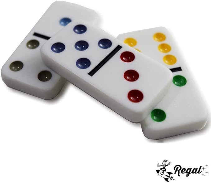 Regal Games - Mexican Train Dominoes Game Set - Double 15 Colored Dot Dominoes - 8 Metal Trains, 136 Tiles, Wooden Hub, Collector?™s Tin - Fun Family-Friendly Game - for 2-8 Players