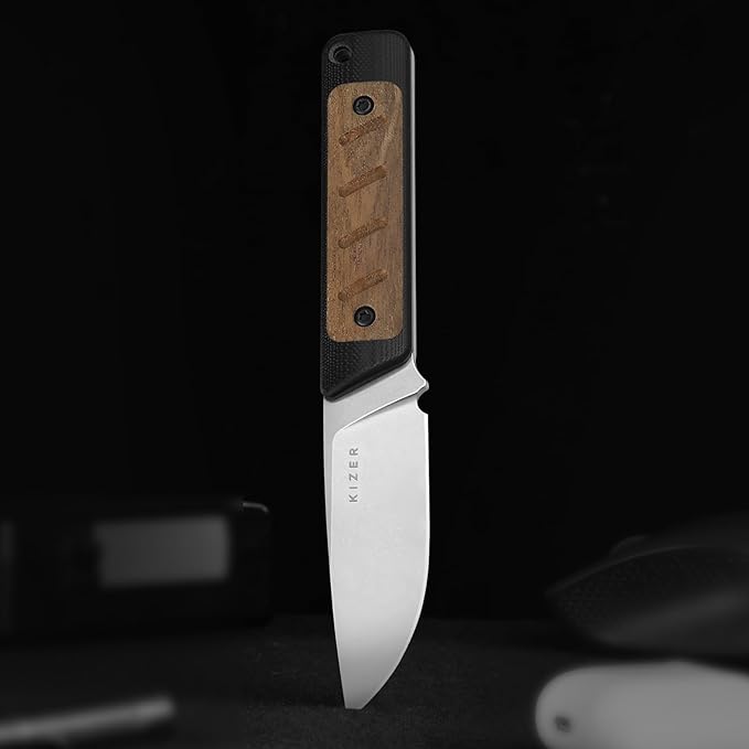 Kizer Smolt Fixed Blade Knife, 2.93" AEB-L Fixed Blade with Black & Brown G10 Mkuruti Wood Handle, Drop Point EDC Knives with Sheath for Camping Hiking 1063M1