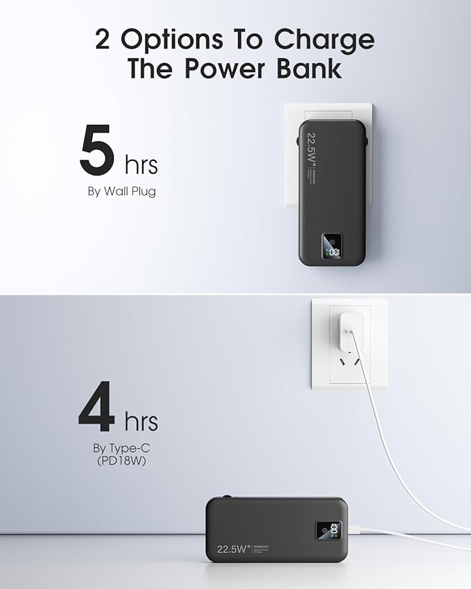Portable Charger Built-in Cables and AC Wall Plug, 12000mAh power Bank, USB C 22.5W Fast charging Phone Charger ,Compact Lightweight External Battery Pack for iPhones, iPad, Samsung,Tablets, etc.