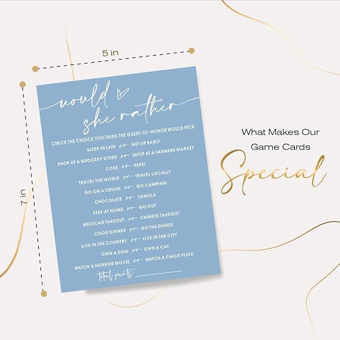 Bridal Shower Games Cards, Would She Rather Bridal Shower Game for 25 Guests, Engagement Party Wedding Games for Guests, Minimalist Blue Wedding Party Supplies - B11