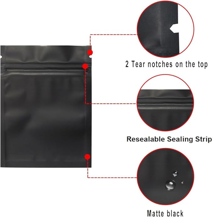 100 Pack Smell Proof Bags 3 x 4 Inch Resealable Mylar Bags Foil Pouch Bag Flat Bag Matte Black