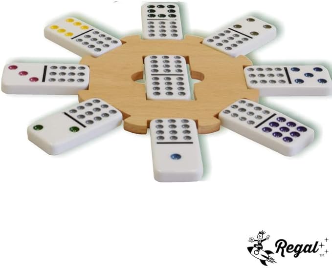 Regal Games - Mexican Train Dominoes Game Set - Double 15 Colored Dot Dominoes - 8 Metal Trains, 136 Tiles, Wooden Hub, Collector?™s Tin - Fun Family-Friendly Game - for 2-8 Players