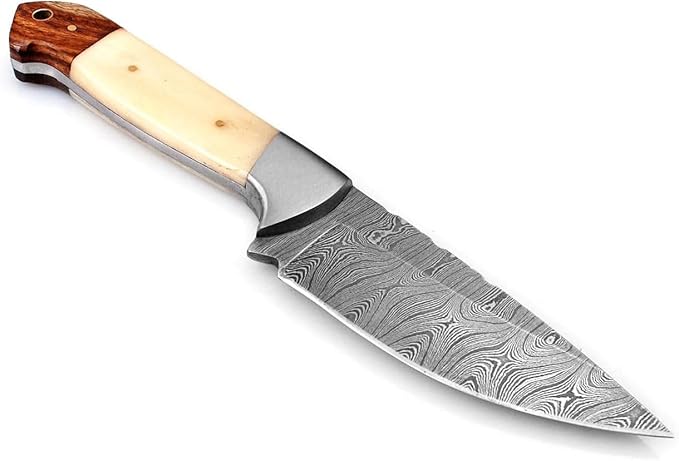 Fixed Blade Hunting Knife With Camel Bone Handle, Damascus Steel Sharp Blade, Full Tang - Leather Sheath for Outdoor Camping, Skinning, Hiking, Fishing, Bushcraft Survival (Bone Handle)