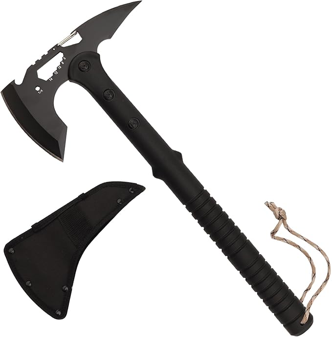 Tactical Hatchet,Black Stainless Steel Camping Hatchet Axe with Nylon Sheath,Tactical Axe with Bottle Opener,Hex Wrenches,for Outdoor Splitting Wood,Hunting Survival