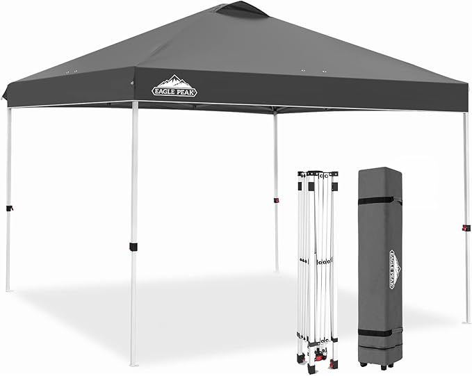 EAGLE PEAK Pop Up Canopy Tent with Wheeled Carry Bag, 8 Stakes, 4 Ropes, 4 Weight Bags, Easy Set Up Tent Canopy, 10x10 ft, 100sqft of Shade, Gray
