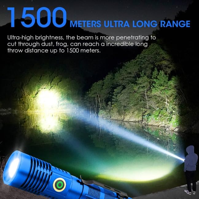 Rechargeable Flashlight High Lumens, High Lumens Super Bright Flash Light, Long-Range Zoomable LED Flashlights for Emergency, EDC, Searching, Waterproof Flashlight Dimmable Blue Pcs