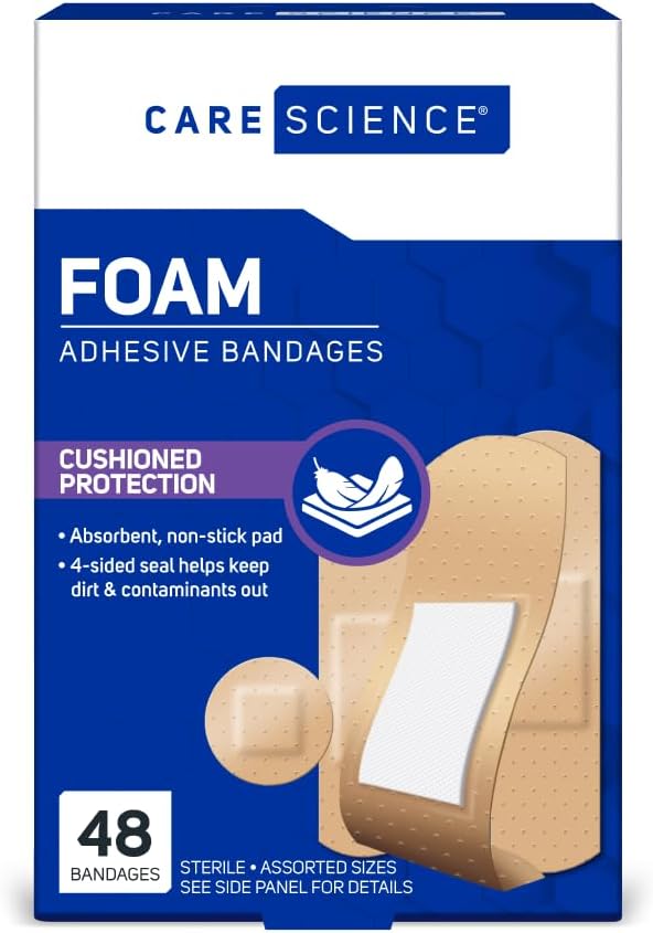 Care Science Foam Adhesive Bandage, 48ct Assorted Sizes (Pack of 36) | Foam Adhesive Bandages for Wounds, with Long Lasting 8 Hour Protection Wound Covering, Non-Stick Self Adhesive Dressing