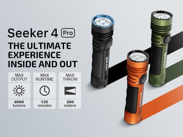 OLIGHT Seeker 4 Pro Rechargeable Flashlights, 4600 Lumens High Powerful Bright Light with USB C Holster, Waterproof IPX8 for Emergencies, Camping, Searching (Matte Black Neutral White)