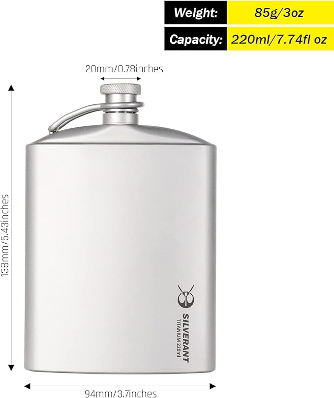 SILVERANT Titanium Hip Flask 220ml/7.74 fl oz, Ultralight Portable Leakproof Pocket Flask Flagon With Screw Cap Clip, Drawstring Cloth Case & Pouring Funnel