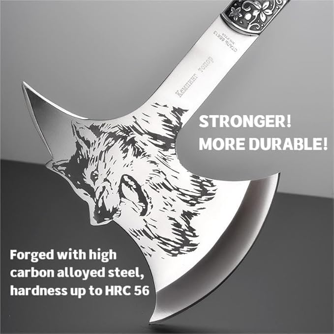 Camping Hatchet with Nylon Sheath,Tomahawk Viking Axe Etched Wolf Head Stainless Steel with Full Tang Wooden Grip,Camping Axe for Outdoor Splitting Wood,Hunting Survival,Farming Activities (Wolf Axe)