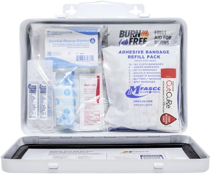 MFASCO Vehicle First Aid Kit - DOT/ANSI/OSHA Compliant - Metal - Portable & Mountable - Waterproof - First Aid Kits for Businesses, Construction, Commercial Vehicles, Workplaces - 115 Pcs