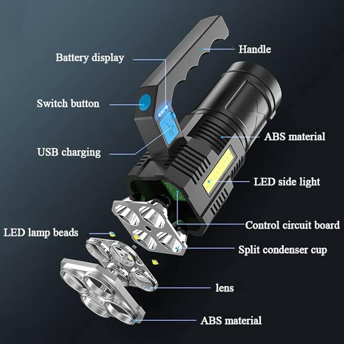 LED Flashlight USB Rechargeable, High Lumens Tactical Light with Sidelight, 4X LED, Zoomable, Handheld Super Brightest Flashlights, Portable Torch for Outdoor Camping Home Emergency Lantern