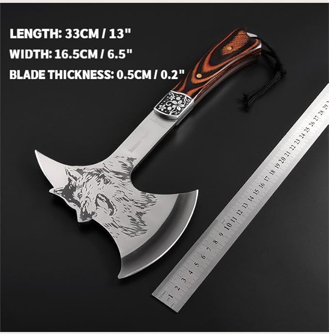 Camping Hatchet with Nylon Sheath,Tomahawk Viking Axe Etched Wolf Head Stainless Steel with Full Tang Wooden Grip,Camping Axe for Outdoor Splitting Wood,Hunting Survival,Farming Activities (Wolf Axe)