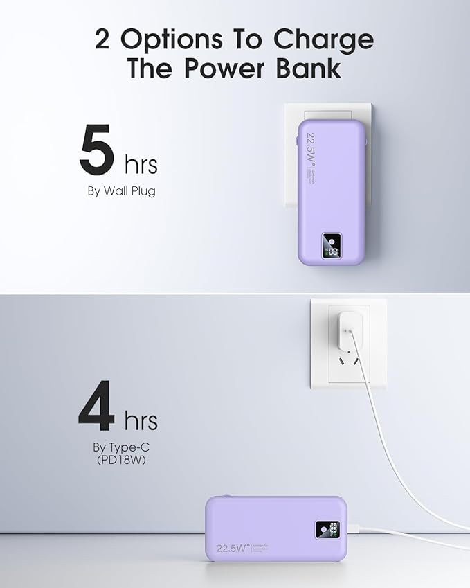 Portable Charger Built-in Cables and AC Wall Plug, 12000mAh power Bank, USB C 22.5W Fast charging Phone Charger ,Compact Lightweight External Battery Pack for iPhones, iPad, Samsung,Tablets, etc.