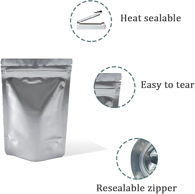 PABCK Small Stand-Up Resealable Heat Seal Bags 3.55mil Frosted Silver Mylar Foil Sealed Bags 50 Pieces 3.35x5.1 inch for Zip Packaging Lock Food Storage Pouch