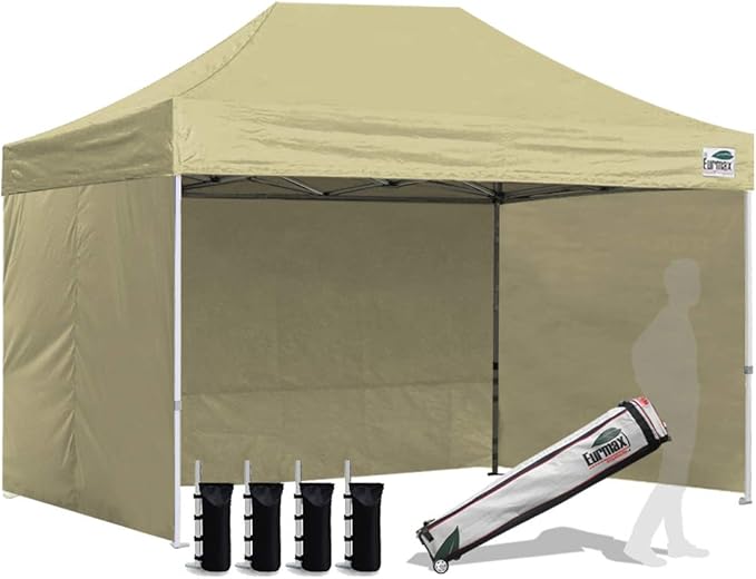 Eurmax USA 8'x12' Pop-up Canopy Tent Commercial Instant Canopies with 4 Removable Zipper End Side Walls and Roller Bag, Bonus 4 SandBags(Beige)