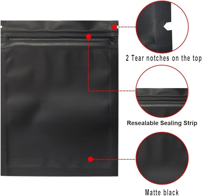 100 Pack Resealable Mylar Bags 7.1 x 10.2 Inch Smell Proof Bags Foil Pouch Flat Bag Matte Black