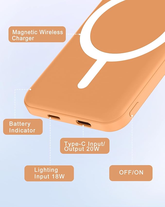 podoru for Magnetic Battery Pack, 5000mAh Magnetic Power Bank with Type-C Cable 20W PD Fast Charging Lighting Input Wireless Portable Charger for iPhone 17/16/15/14/13/12/ All Series-Orange