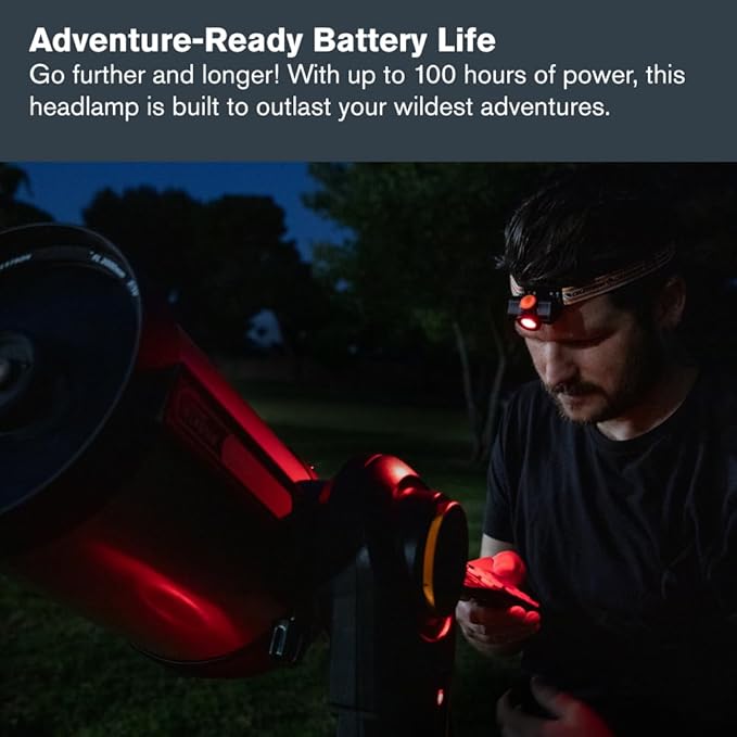 Celestron ??Night Vision Headlamp ??Multiple Light Modes ??Includes SOS Setting ??Ideal for Astronomy and Camping ??100 Hours of Usage ??45° Adjustable Angle