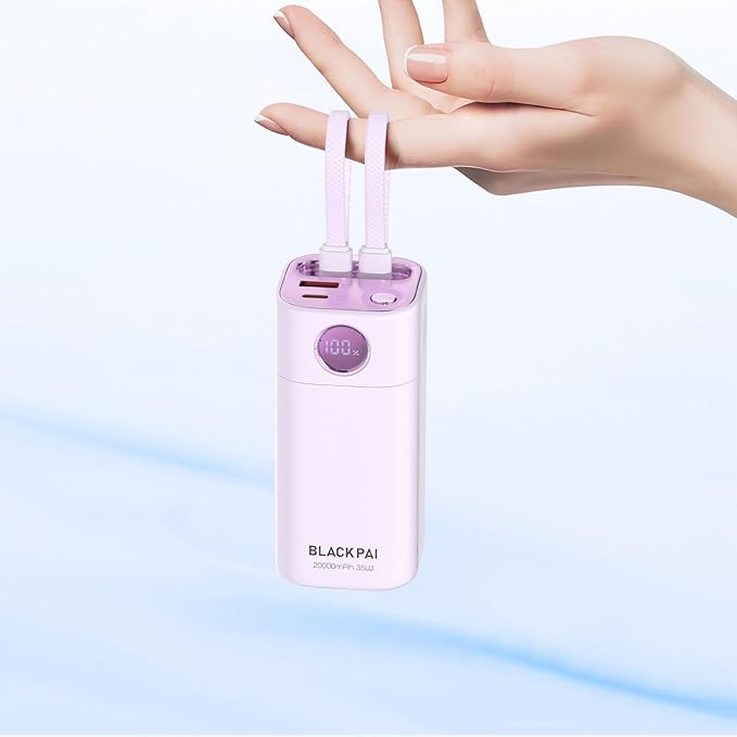 Portable Power Bank, 20,000mAh PD 35W Portable Charger Super Fast Charging with 2 Built-in Cables, USB-C Digital Display Battery Pack for iPhone Air 17/16/15/14/13, MacBook, S24/S25 Ultra