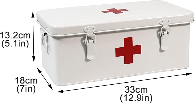 First Aid Medicine Box, First Aid Kit Supplies Bin, Metal Medicine Storage Tin, First Aid Empty Box with Safety Lock for Home Emergency Tool Set-White
