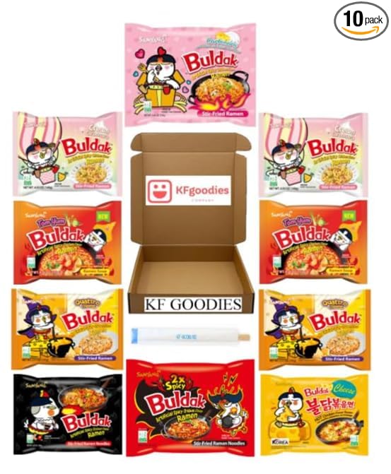 KF GOODIES Korean Ramen Variety Pack Gift Box (10 Count) – Spicy Buldak Noodle Assortment for Birthdays, College Care Packages, Office Snacks, and Gift Baskets