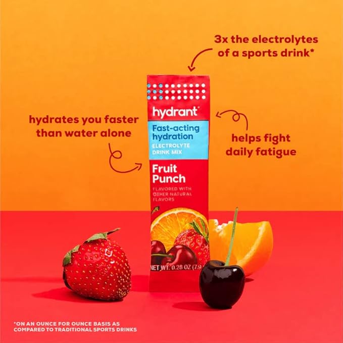 HYDRANT - Hydrate Electrolyte Powder, Fruit Punch Flavor, 30 Rapid Hydration Individual Stick Packs - Low Sugar Drink Mix for Daily Use, Travel & Workouts
