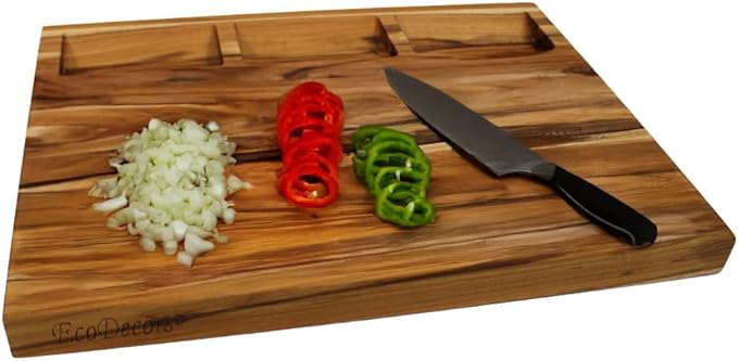 EcoDecors, Teak Cutting Board 20"x15" Reversible Edge Grain, Extra Large Solid Teak Wood Carving Board with Juice Groove, 3 Charcuterie Trays, Side Handles, Best Wooden Cutting Board for Kitchen