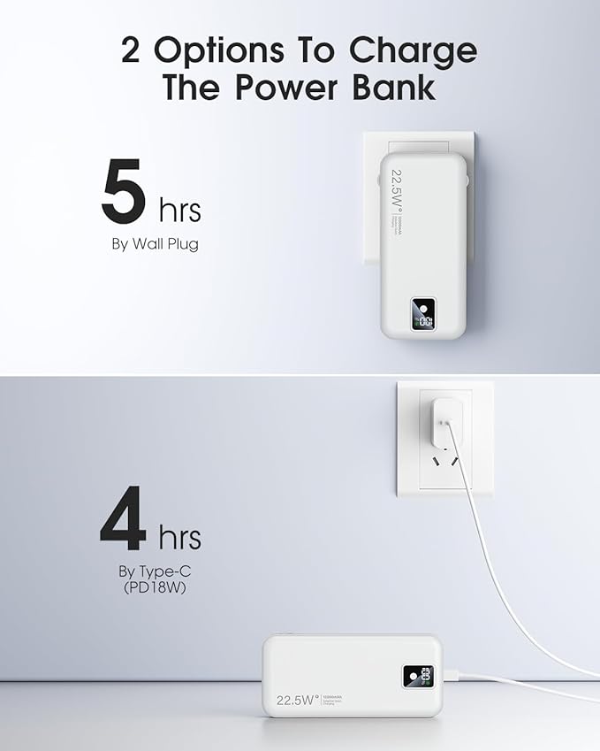 Portable Charger Built-in Cables and AC Wall Plug, 12000mAh power Bank, USB C 22.5W Fast charging Phone Charger ,Compact Lightweight External Battery Pack for iPhones, iPad, Samsung,Tablets, etc.