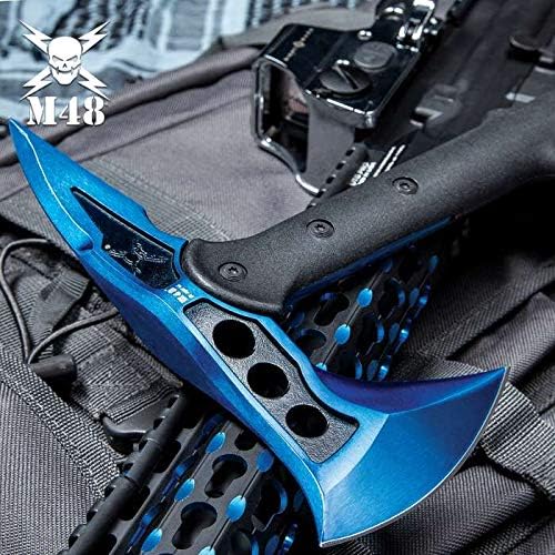 M48 Blue Tactical Tomahawk Axe and Snap On M48 Sheath - Hawk Axe, Blue Stainless Steel Blade, Piercing Spike, Grippy Reinforced Fiberglass Handle, Made for Door Breaching and Chopping - Length 15”