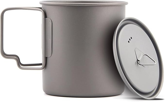 Titanium Camping Mug 750 ml / 25 oz Single-Wall Pot with Lid, Ultralight Backpacking Cup, Folding Handles, Boil Water & Cook Meals for Hiking, Bushcraft, Outdoor Survival