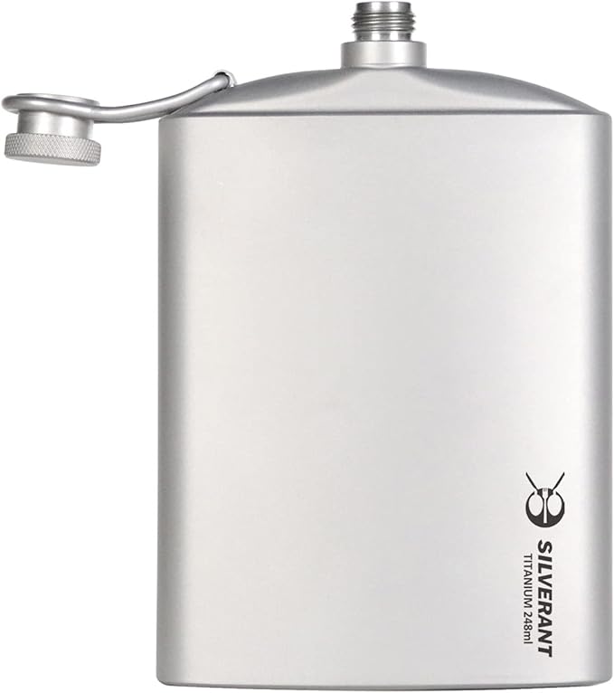 SILVERANT Titanium Hip Flask 248ml/8.73 fl oz, Ultralight Portable Leakproof Pocket Flask Flagon With Screw Cap Clip, Drawstring Cloth Case & Pouring Funnel