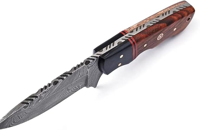Custom Handmade Fixed Blade Hunting Damascus Knife - 8 Inch hand Forged Full Tang Rose Wood & Micarta Handle Knives For Hunting, Outdoor Camping, Hiking, Fishing, Bushcraft Knives With Leather Sheath