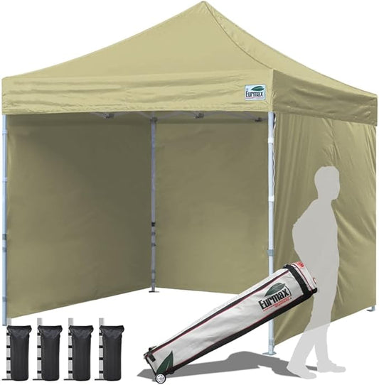 Eurmax USA 10'x10' Pop-up Canopy Tent Commercial Instant Canopies with 4 Removable Zipper End Side Walls and Roller Bag, Bonus 4 SandBags(Beige)