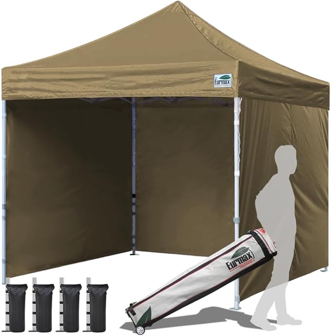 Eurmax USA 10'x10' Pop-up Canopy Tent Commercial Instant Canopies with 4 Removable Zipper End Side Walls and Roller Bag, Bonus 4 SandBags(Khaki)