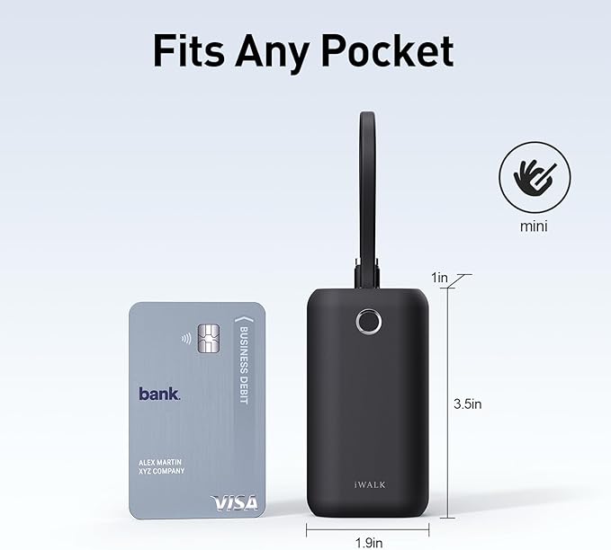 iWALK Mini Portable Charger 10,000mAh, 22.5W USB-C Fast Charging Power Bank with Built-in Cable, Travel Essential Ultra-Small Battery Pack Compatible for iPhone 17/16/16 Pro/15, Samsung, Google, Black