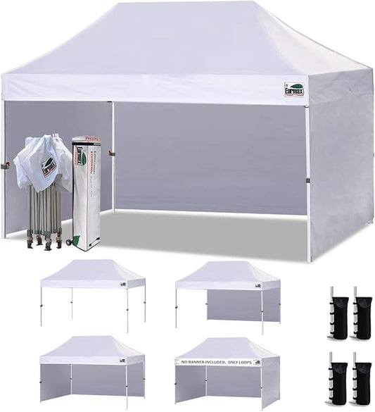 Eurmax USA 10'x15' Pop-up Canopy Tent Commercial Instant Canopies with 4 Removable Zipper End Side Walls and Roller Bag, Bonus 4 SandBags(White)