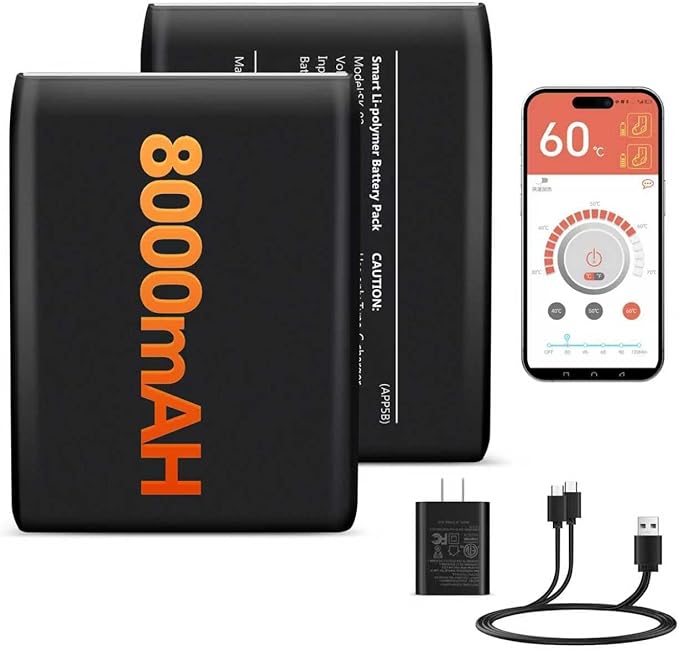 2Pack 5V 8000mAh Li-Polymer Rechargeable Batteries for Heated Socks Insoles Gloves Hat Scarf Spare Battery, Support APP Replacement Battery with 4 Setting