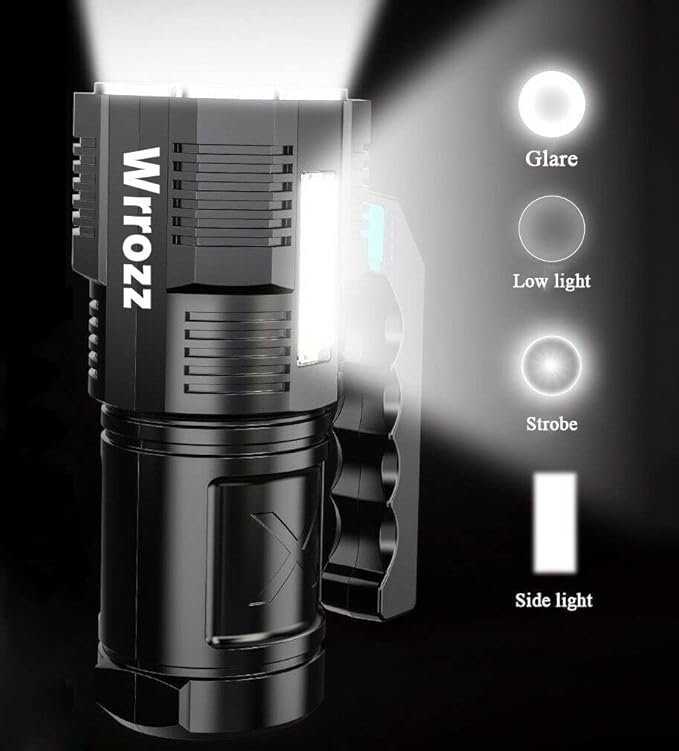 LED Flashlight USB Rechargeable, High Lumens Tactical Light with Sidelight, 4X LED, Zoomable, Handheld Super Brightest Flashlights, Portable Torch for Outdoor Camping Home Emergency Lantern