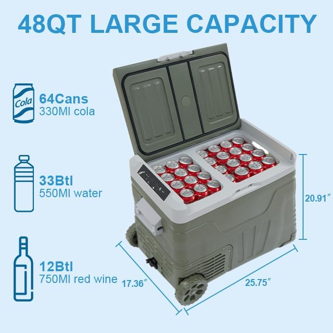 Portable 12V Refrigerator,48QT (45L) Electric Cooler with 12/24V DC and 110-240V AC,-4℉~68℉,Dual Zone Car Refrigerator with Off-Road Wheels,LED Lights and Bottle Opener for Camping,Travel (Large)