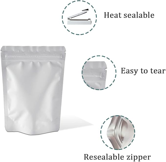 PABCK 50 Pieces 5.5x7.87 inch(Inside Size 4.7x5.1 inch) Stand-Up Resealable Heat Seal Bags 3.55mil Thick Frosted White Foil Sealed Bags for Zip Packaging Lock Food Storage Pouch