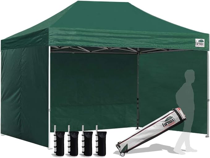 Eurmax USA 8'x12' Pop-up Canopy Tent Commercial Instant Canopies with 4 Removable Zipper End Side Walls and Roller Bag, Bonus 4 SandBags(Forest Green)